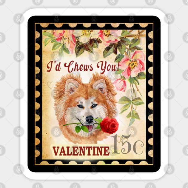 Akita long hair Vintage Valentine Funny Dog With Rose Sticker by Sniffist Gang